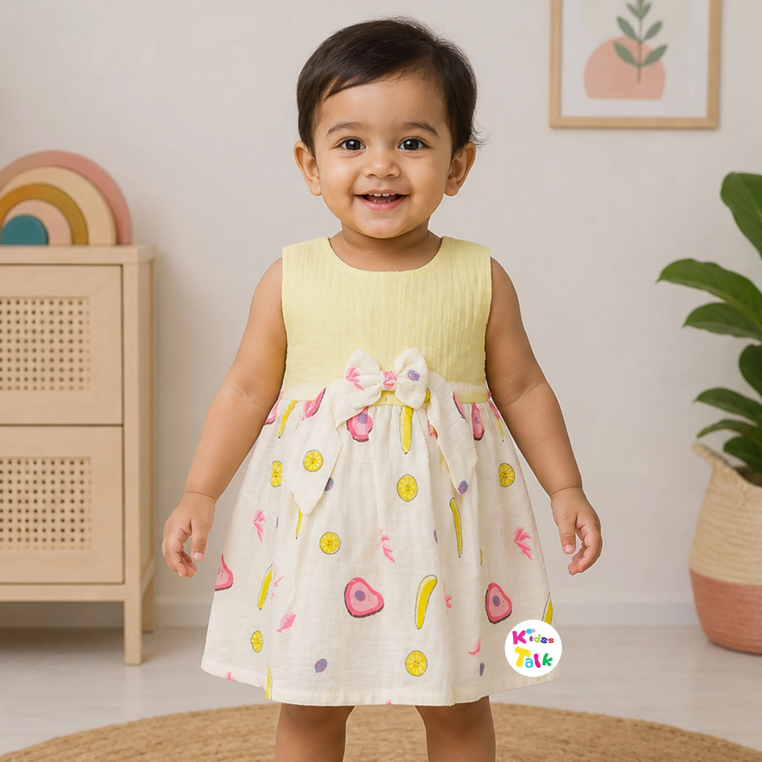 Cute Muslin Sleeveless Printed Frock - Lemon Yellow